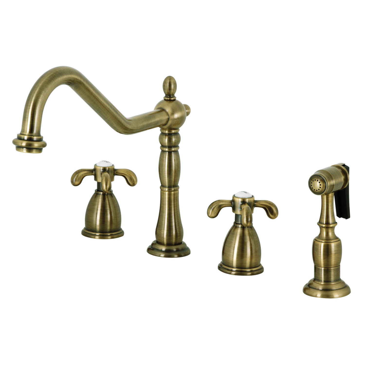 Kingston Heirloom KB1793TXBS - French Country Double-Handle 4-Hole Widespread Kitchen Faucet with Brass Sprayer, Antique Brass — image 1